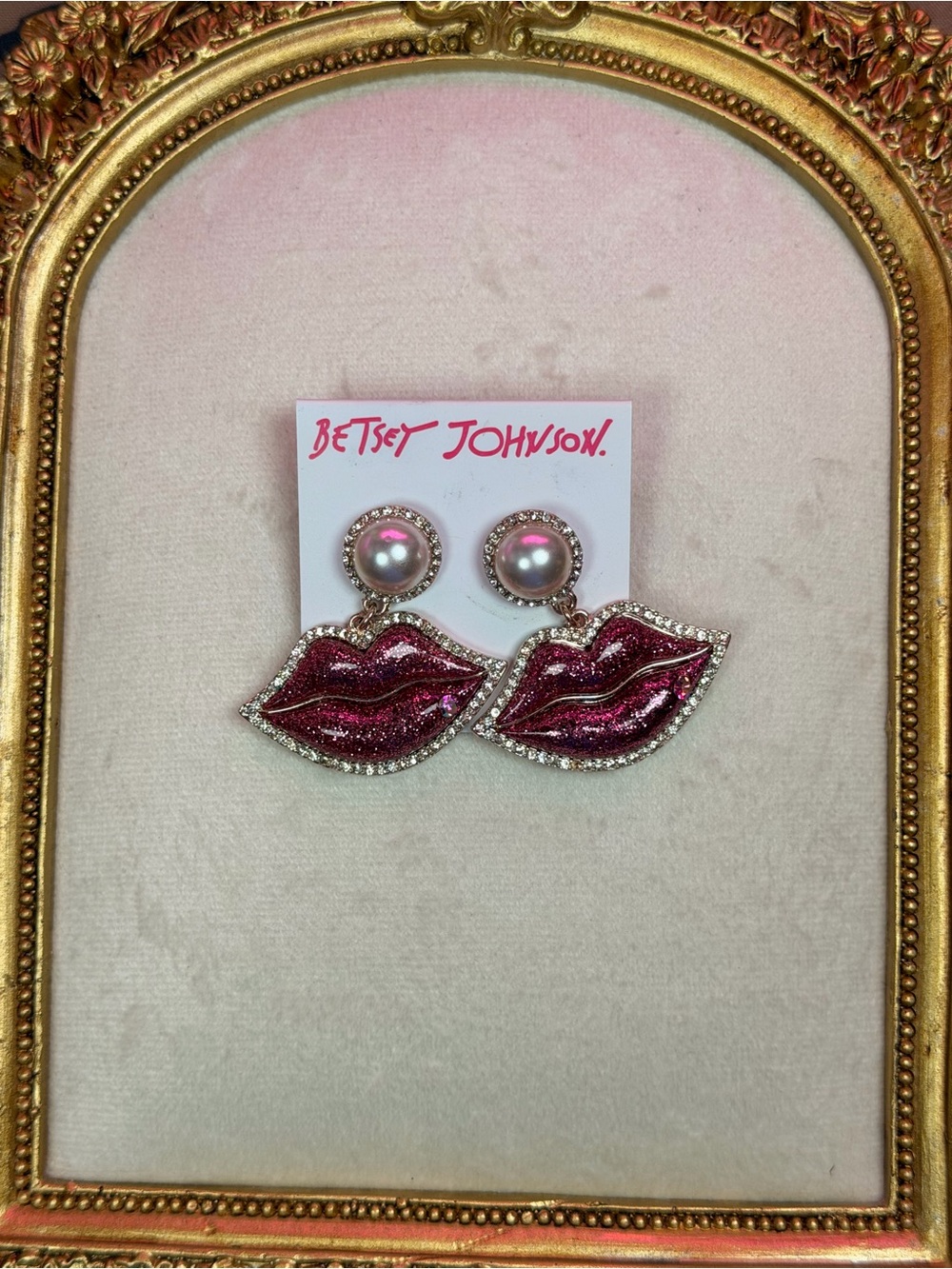 Betsey Johnson Pink Glitter Lips Pearl Rhinestone Earrings